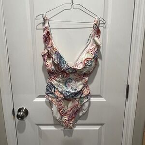 Lauren Ralph Lauren Paisley Ruffle V Neck One Piece‎ Swimsuit Women's Small